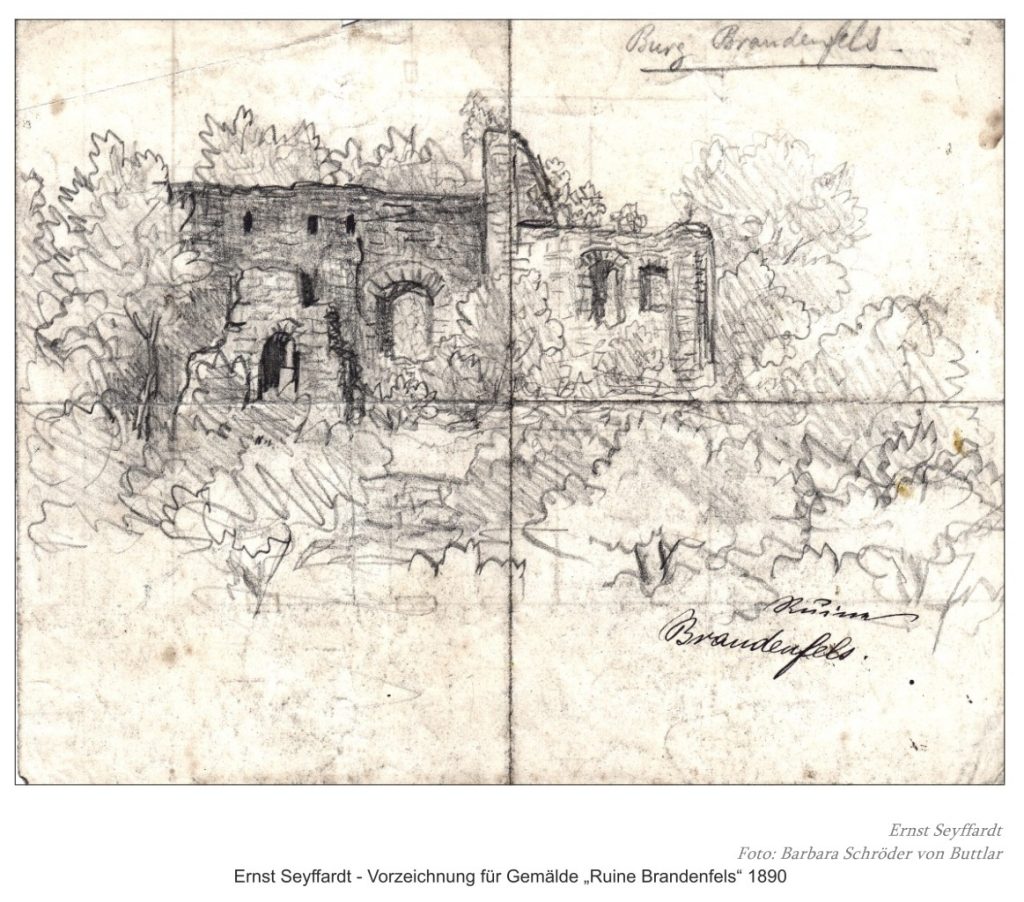 Vorzeichnung für Gemälde "Burgruine Brandenfels" im Ringgau, von Ernst Seyffardt, 1890