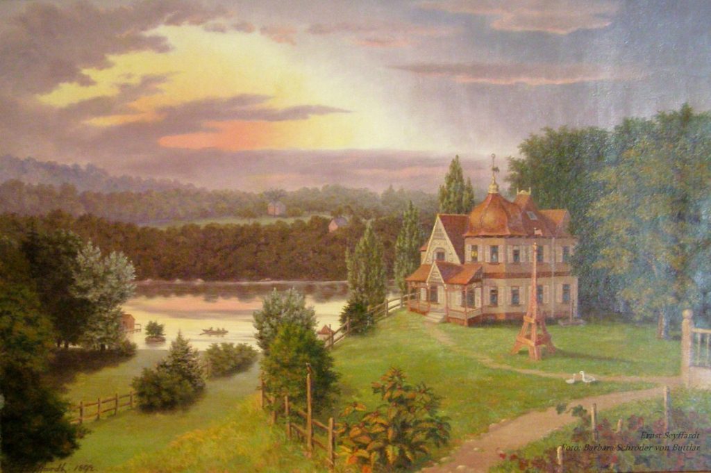 Haus am See, der Familie August Frank in Milwaukee mit Miniatur-Eifelturm - wurde von Ernst Seyffardt gemalt. Das Öl- Bild ist sicherlich bei einem Besuch in Milwaukee, ca. 1892 entstanden und ist im Besitz der Franks (USA).